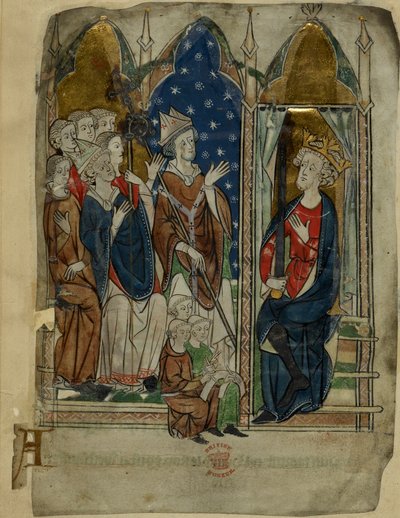 Cotton Vitellius A. XIII f.6v 爱德华一世国王与他的宫廷和文员坐在一起，选自 "杂项编年史"，约 1280-1300 年（牛皮纸上的墨水、彩色和金色）。 作者 学校盎格鲁法语
