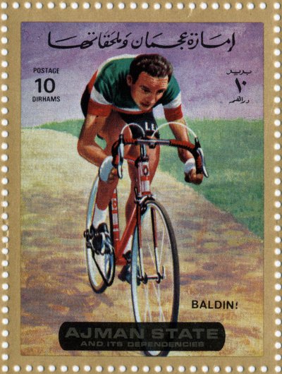 阿联酋邮票代表自行车运动员Ercole Baldini（Ne 1933）。 作者 学校阿拉伯语