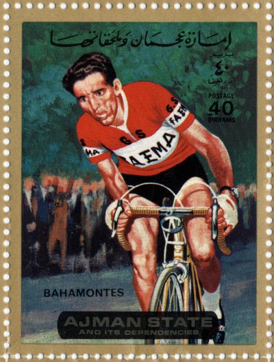 阿联酋邮票代表自行车运动员Federico Bahamontes（Ne 1928）。 作者 学校阿拉伯语
