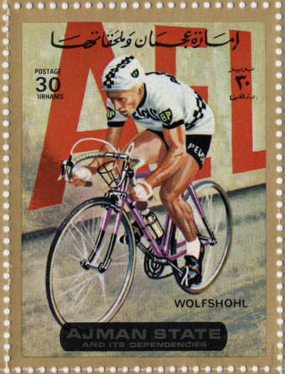 阿联酋的邮票代表自行车运动员Rolf Wolfshohl（Ne 1938）。 作者 学校阿拉伯语