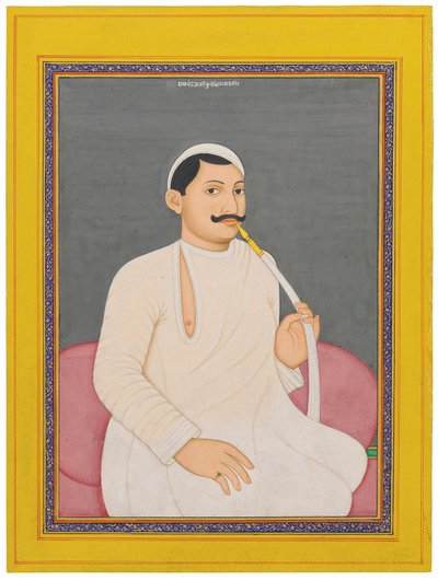 拉姆·钱德拉·拉希里 (Ram Chandra Lahiri) 的坐像，库奇·贝瓦尔 (Cooch Bewar) 的德万 (1829 - 1842 年，约 1840 年)（不透明颜料在纸上用金色增强效果） 作者 学校孟加拉语