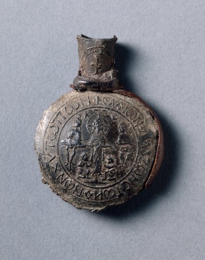朝圣者的壶瓶，带有被钉十字架的场景（正面）和提升（背面），c.600（锡铅合金，带有皮革碎片） 作者 拜占庭学校