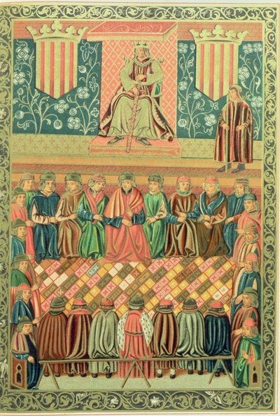 1242 年 3 月，征服者国王詹姆斯一世主持莱里达议会，摘自《加泰罗尼亚宪法》手稿 作者 学校加泰罗尼亚语