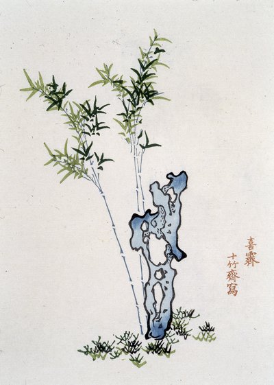 中国风景。岩石和竹子--中国印刷品，有编号。 作者 学校中文