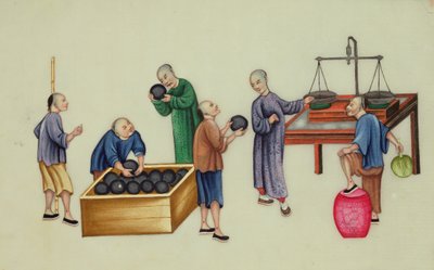 中国毒贩测试和称量鸦片，摘自《吸食鸦片的弊端 作者 学校中文
