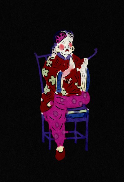 中国吸烟。彩绘剪纸，中国民间艺术，北京。 作者 学校中文