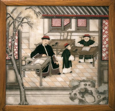 大理石装饰板，表现字母在其柜子里的情况。彩绘大理石，清朝（1644-1911），中国艺术。拉罗谢尔的奥尔比尼-贝尔农博物馆。 作者 School Chinese