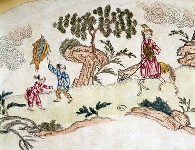 骑马的贵族妇女和玩风筝的儿童 - 中国版画，约1800年 作者 学校中文