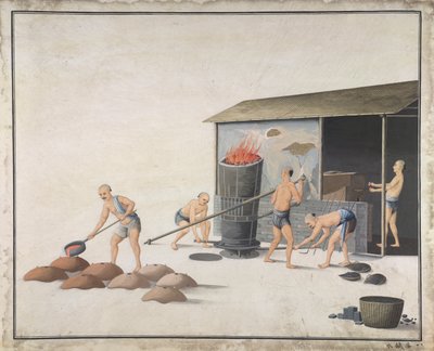 放在水里冷却"，中国铸铁制造，约 1820 年（纸上水彩） 作者 学校中文