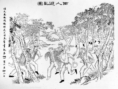 义和团起义：欧洲人逃离义和团。 插图发表于上海东文厚报杂志，约1899年。 作者 学校中文
