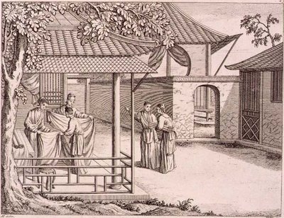 丝绸织成后的销售》，中国，18世纪末（木刻）。 作者 学校中文