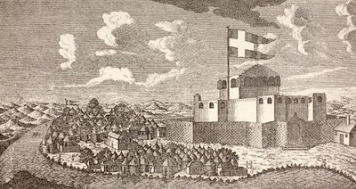 加纳宁戈的丹麦殖民要塞弗雷登斯堡，1760 年的样子，摘自《Afrika, dets Opdagelse, Erobring og Kolonisation》，1901 年在哥本哈根出版（平版）。 作者 学校丹麦语