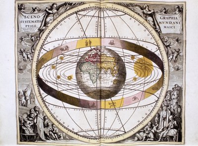 托勒密，地心说，以地球为中心的宇宙体系，显示太阳、月亮和行星的位置，摘自阿姆斯特丹 Andreas Cellarius 的《Harmonia Macrocosmica》。 作者 荷兰语学校