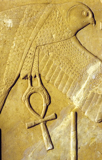 古埃及、壁画/雕刻、荷鲁斯猎鹰携带象征生命的安赫，卢克索卡纳克神庙（照片） 作者 埃及学校
