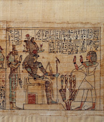 古埃及艺术。Serimen的神话纸莎草纸。Serimen在ptah-sokar-osiris神面前的崇拜，后面是Isis。第21王朝（约1069-945），第三中间时期（约1069-664 BC）的手稿。绘画。 作者 埃及学校