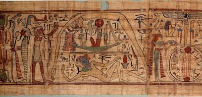 Egyptian antiquite allegory of the cosmos: mythological papyrus of Neskapashouty, accounting scribe of grains representing cosmogony, with Geb, Nout, Nephtys, Osiris. 1070-664 BC. 21st dynasty. Sun 2,7x0,27 m Paris, musee du Louvre 作者 埃及学校