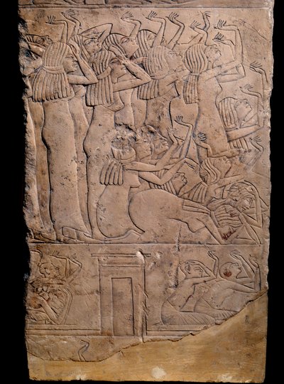 埃及古物：从霍雷姆赫布到萨卡拉（Sakkarah或Saqqara）的memphite墓，浮雕：霍雷姆赫布葬礼上的哭泣。第18王朝(约公元前1550-1295年) 作者 埃及学校