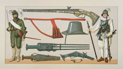 17世纪的法国士兵和枪支（彩色平版印刷）。 作者 学校英语