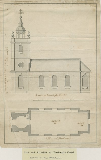 马金顿教堂 - 外部立面图和内部平面图：钢笔画，nd [？mid 18th cent]（绘图） 作者 学校英语