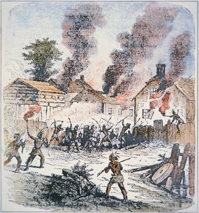 1675 年 8 月，尼普穆克印第安人袭击马萨诸塞州布鲁克菲尔德的定居点（彩色版画） 作者 学校英语