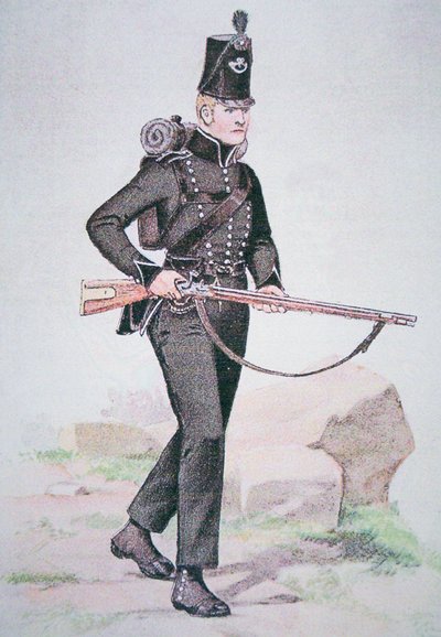 第95步兵团士兵，约1810年，装备有伦敦的Ezekiel Baker设计的Baker步枪（彩色平印）。 作者 学校英语