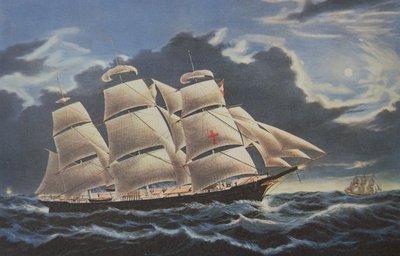 安生上将在1740-44年进行环球航行时乘坐的百夫长号（彩色平版印刷）。 作者 学校英语