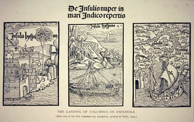 哥伦布在埃斯帕尼奥拉岛的登陆，根据1494年在巴塞尔出版的当代小册子绘制（石印）。 作者 School English