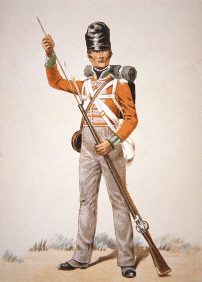 威灵顿的军队：1815年，第69步兵团的士兵正在为他的 "布朗-贝斯 "火枪装弹（彩色平印）。 作者 School English