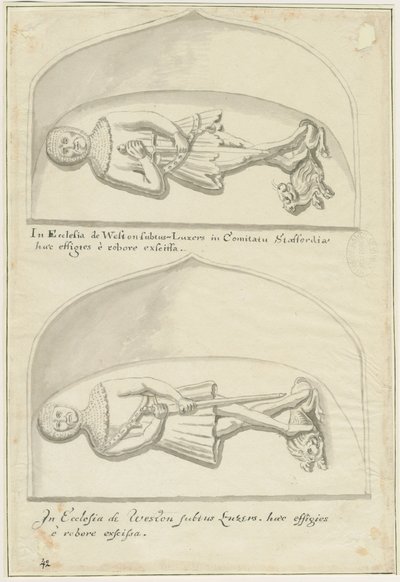 Weston-under-Lizard Church - Effigies of Sir Hugh de Weston and Sir Hamo de Weston: pen and wash drawing, nd [18th cent] (drawing) 作者 学校英语