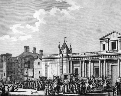 法国大革命。8月13日，王室成员（路易十六、玛丽-安托瓦内特、海豚路易-夏尔-法兰西或路易十七和被称为 "皇家夫人 "的玛丽-特蕾莎）被转移到巴黎的圣殿监狱。 作者 法语学校