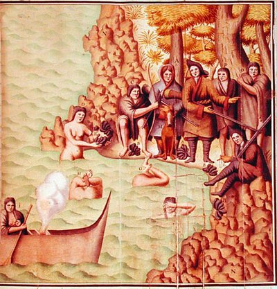 来自麦哲伦海峡的印第安人与法国探险家在一起，插图来自《古因-德-博切斯内的航行》。 作者 法语学校
