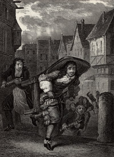 "Pourceaugnac先生 "英国作家莫里哀 "作品 "中的版画--Jean-Baptiste Poquelin dit Moliere（Jean Baptiste Poquelin）的戏剧 "Pourceaugnac先生 "的场景。 作者 法语学校