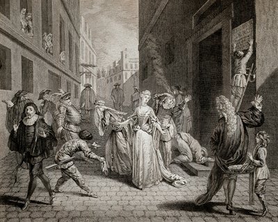 恐怖（1793-1794）。意大利喜剧演员（演绎《喜剧》中的人物）在巴黎剧院的审查措施之后被赶出了巴黎市。雕版画。私人收藏 作者 法语学校