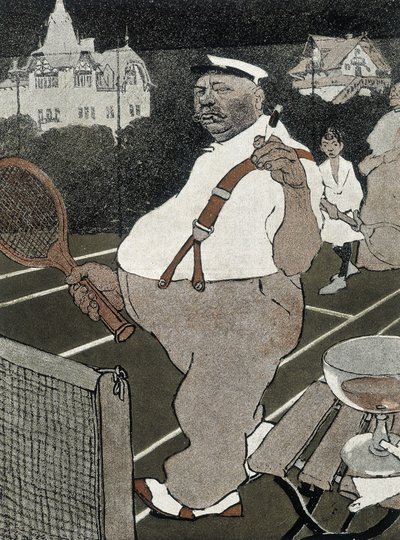 Tennis: fat man, smoking and drinking alcohol, playing tennis - German cartoon 作者 学校德语
