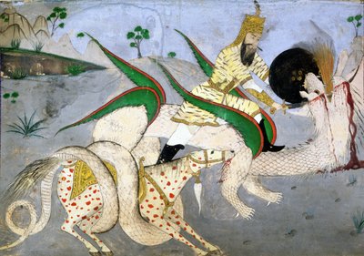 骑兵攻击巨龙，印度神秘主义书籍中的插图（装裱在卡片上的纸面水墨画） 作者 印度学校