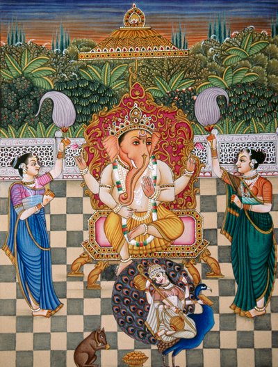 神格涅沙 Ganpati Riddhi 和 Siddhi 纸上微型绘画 作者 印度学校