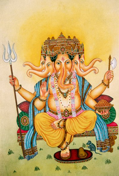 Panchmukhi 主格涅沙 Ganpati 迷你纸上绘画 作者 印度学校