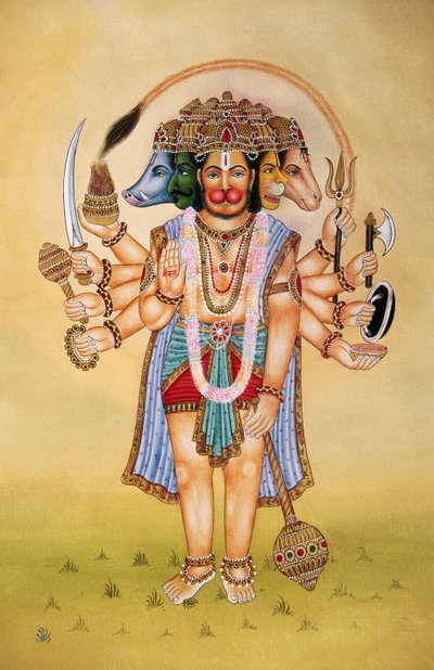 Panchmukhi 主哈努曼纸上微型绘画 作者 印度学校