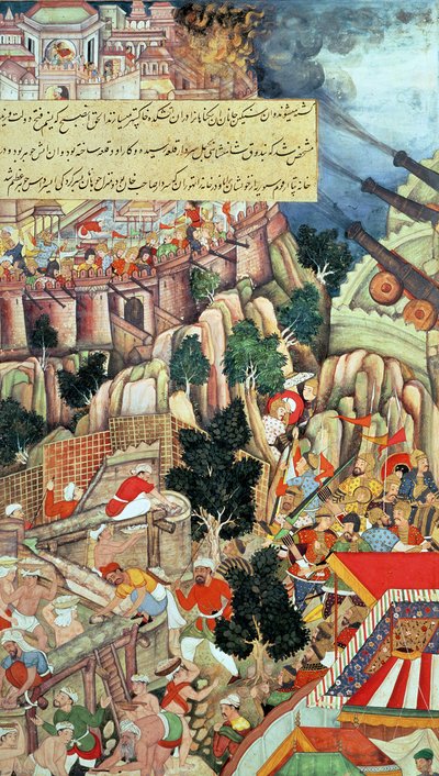 奇托尔加赫围城时的采矿场景，选自《阿克巴纳玛》，莫卧儿王朝，约 1590 年（印刷品） 作者 印度学校