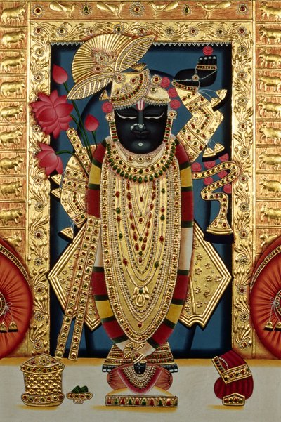 Shri Lord Shree Nathji 或 Shreenathji at Nathdwara 纸上微型画，带金色浮雕 作者 印度学校