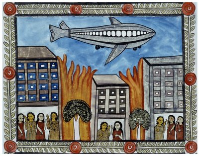 The story of the attacks of 11 September 2001 told by the peddlers Baul from Bengal. Painting, series, number 6/9, Bengal. 作者 印度学校