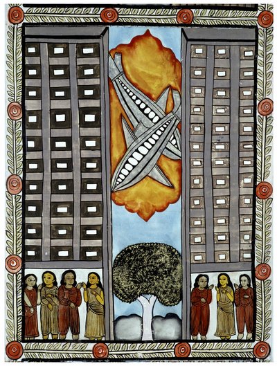 The story of the attacks of 11 September 2001 told by the peddlers Baul from Bengal, an illustration of the planes taking part in the World Trade Center in New York. Painting, series, number 3/9, Bengal. 作者 印度学校