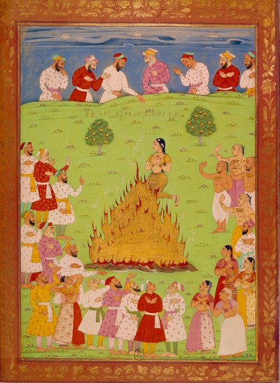 Woman of radja jasingle sacrificing herself in the heart of the shah alem. Indian and Persian miniatures in “” History of India from Tamertante to Orangreyb”” by Niccolo Manucci (1638-1717). BN, Paris. 作者 印度学校