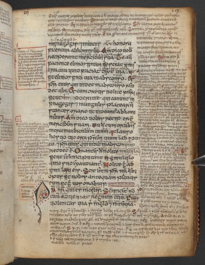 哈雷 1802，f.19r，带兽头的装饰首字母 "P"（ater），位于 Pater Noster 或主祷文开头，选自《梅尔布里特福音书》（"阿马福音书"；"梅尔布里特福音书"），附注释 作者 爱尔兰学校