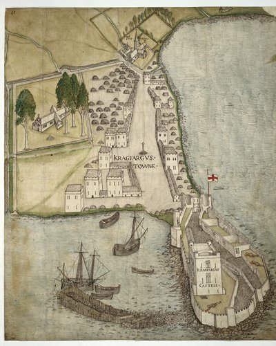 爱尔兰卡里克弗格斯的城堡和城镇，约 1560 年（纸上钢笔、墨水和水彩画） 作者 爱尔兰学校