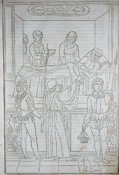 医生看望病人，摘自约翰内斯-德-凯瑟姆（约1490年）的《Fascilulus Medicinae》 15-16世纪（木刻）。 作者 学校意大利语