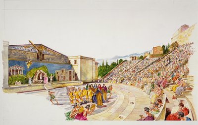 古代雅典--剧院的重建（彩色平版印刷）。 作者 学校意大利语