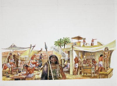 古代底比斯--Deir el-Medina的一个街区的重建（彩色平版印刷）。 作者 学校意大利语
