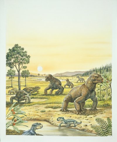 前面是Anomodonts，左边是Pareisaurs，右边是Dinocephalians，古生代，二叠纪（彩色石印）。 作者 学校意大利语