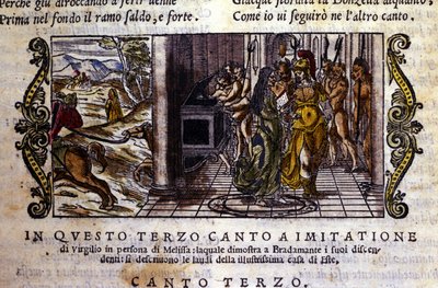 布拉达曼特遇到了魔术师梅利斯，他告诉她她和罗杰 (Ruggero, Ruggiero) 建立了埃斯特王朝，场景取自 Ludovico Ariosto (1474 - 1533) 的骑士诗“Orlando Furioso”（The Furious Roland），dit L